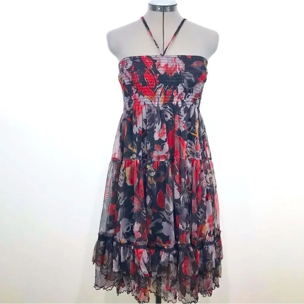 Lapis Dark Floral Whimsigoth Tiered Ruffle Smocked Versatile Halter Dress Skirt